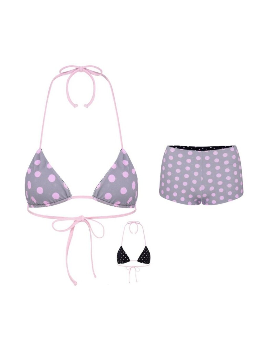 NiiHAi Polka Reversible Bikini Set Triangle Top & Booty Shorts Pink Grey S